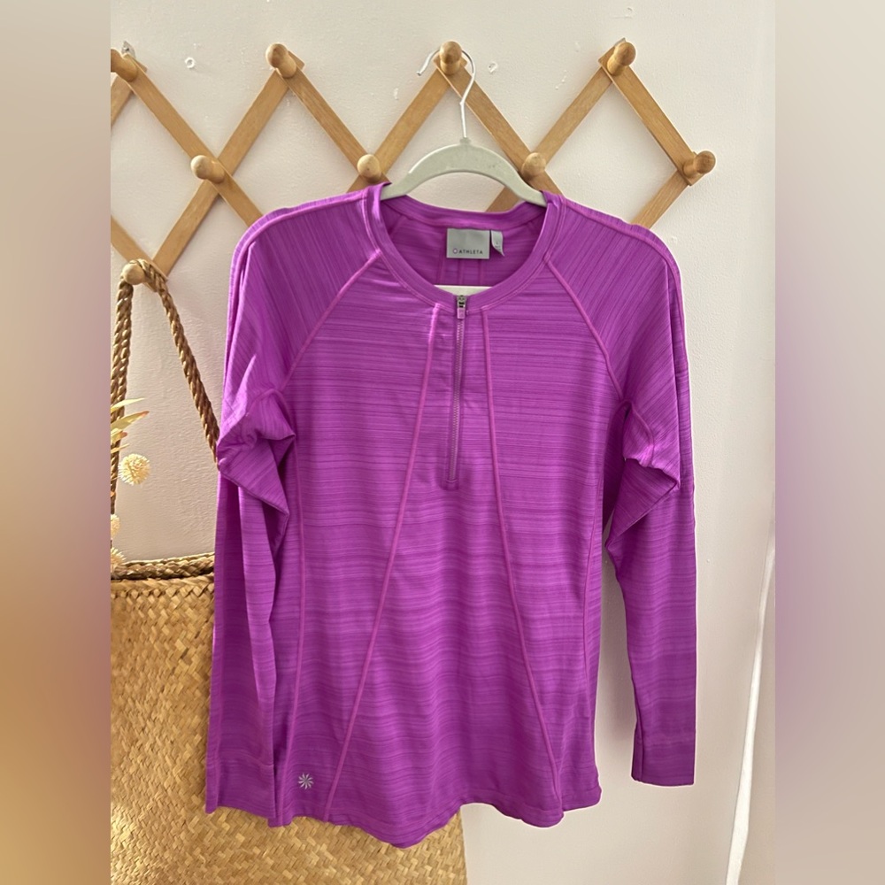 ATHLETA WOMENS PACIFICA HALF ZIP LONGSLEEVE PULLOVER TOP IN MAGENTA